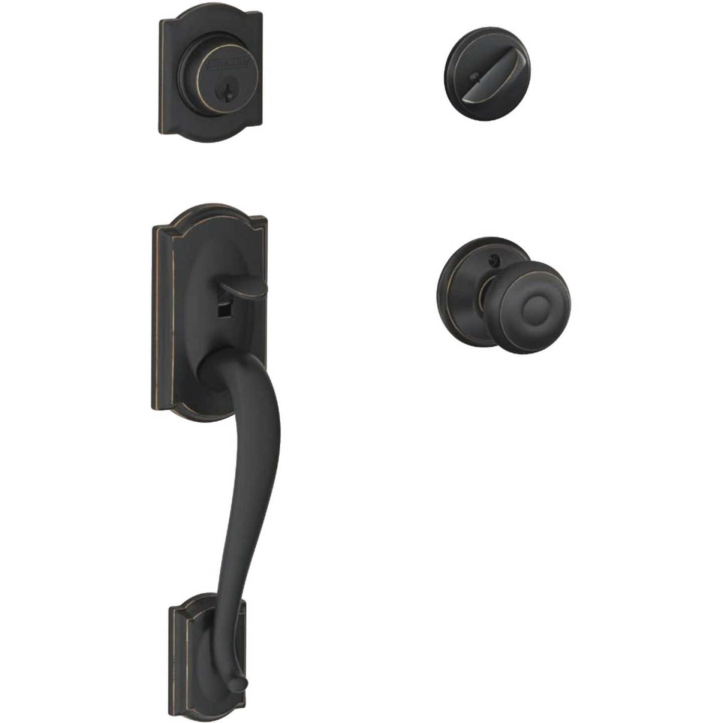 Schlage Camelot Handleset with Single Cylinder Deadbolt and Georgian Knob in Aged Bronze Image 1