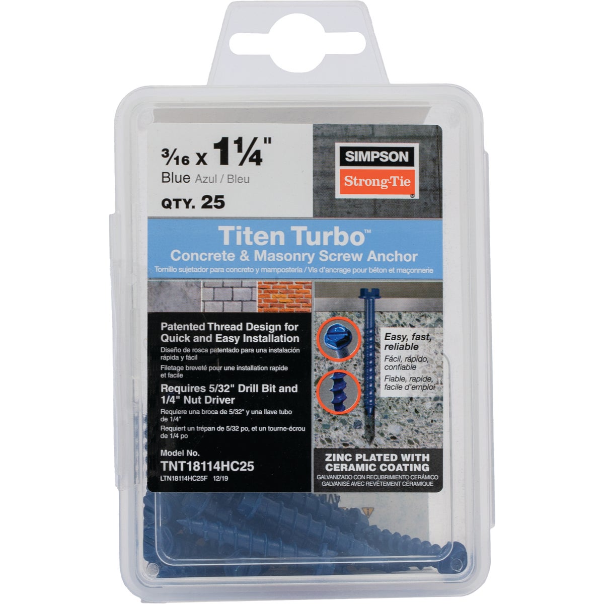 Simpson Strong-Tie Titen Turbo 3/16 In. x 1-1/4 In. Hex-Head Concrete and Masonry Screw, Blue (25-Count)