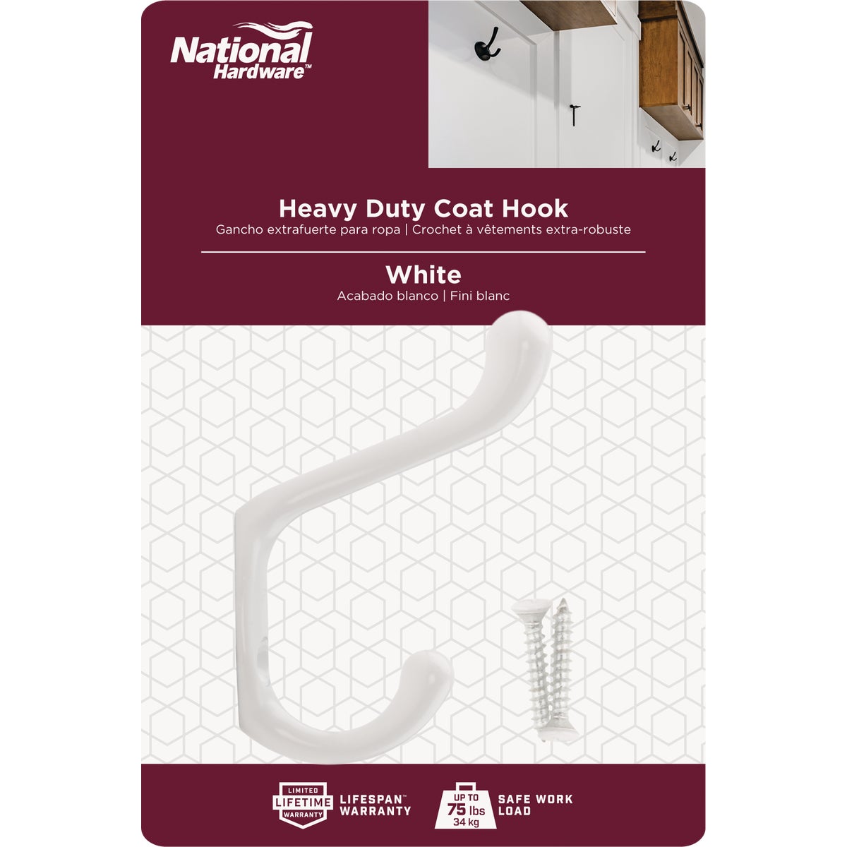 National Hardware Heavy-Duty White Wardrobe Hook Image 2