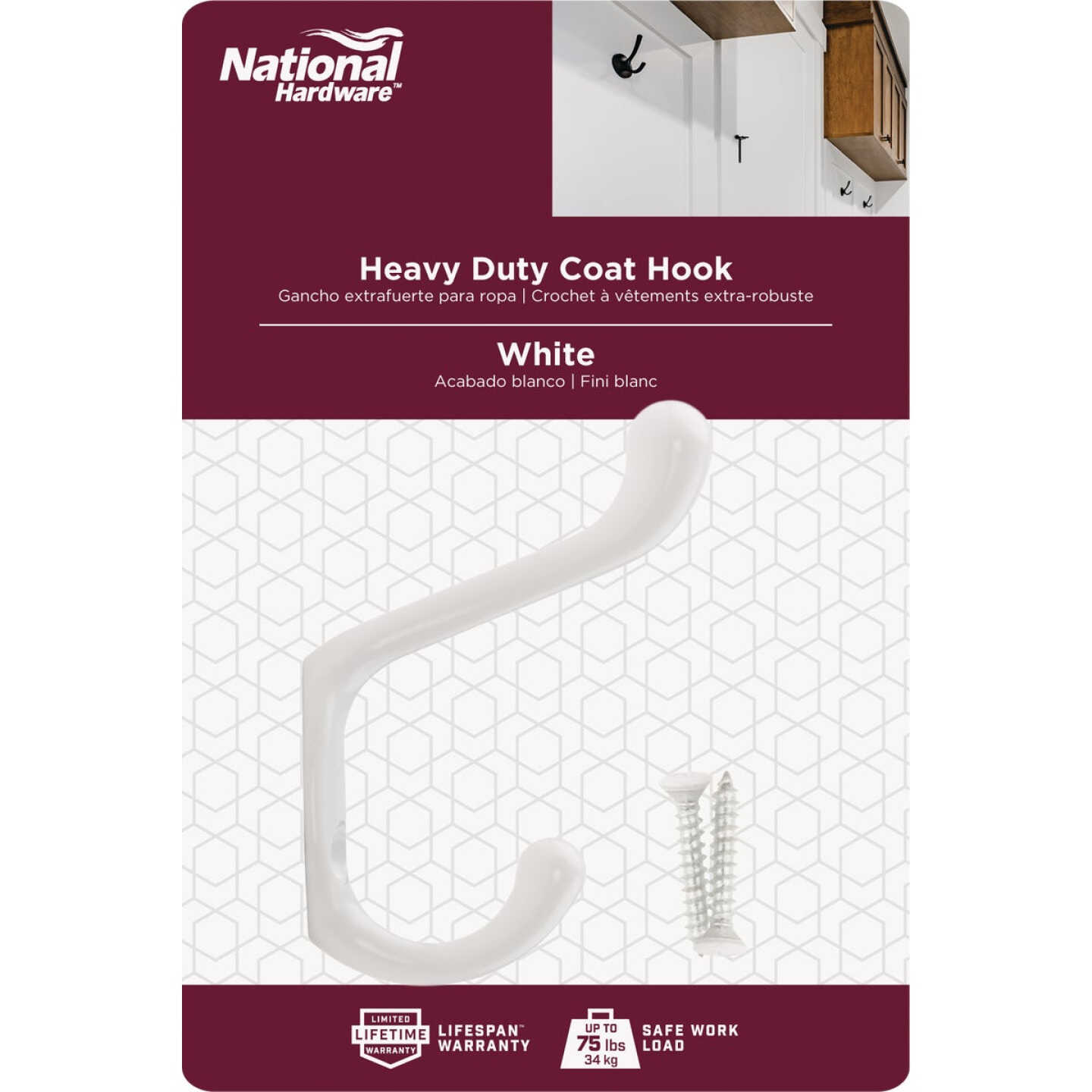 National Hardware Heavy-Duty White Wardrobe Hook Image 2