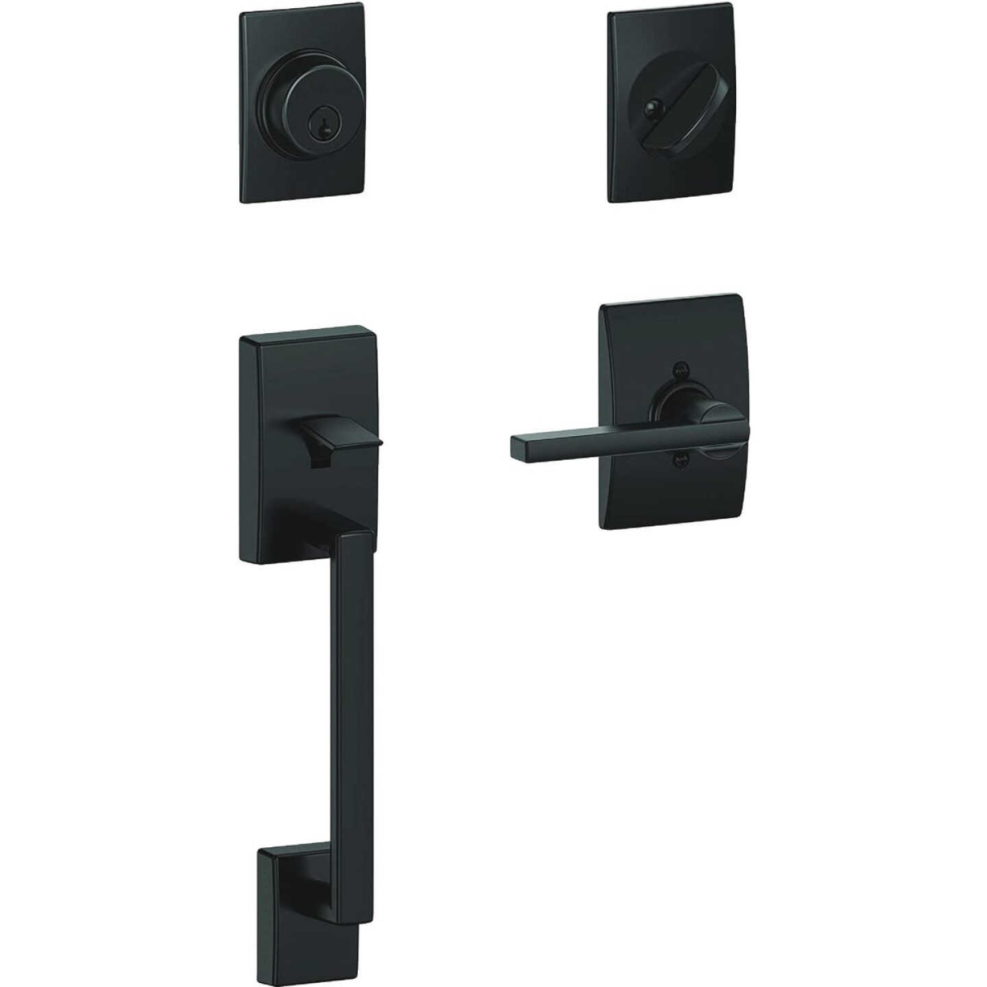 Schlage Century Matte Black Handleset with Single Cylinder Deadbolt & Latitude Lever Image 1