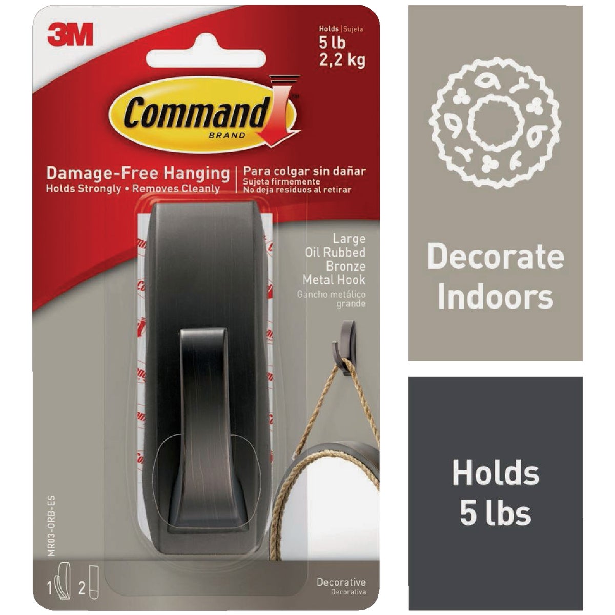 Command Large Modern Reflections Metal Hook, Oil Rubbed Bronze, 1 Hook, 2 Strips