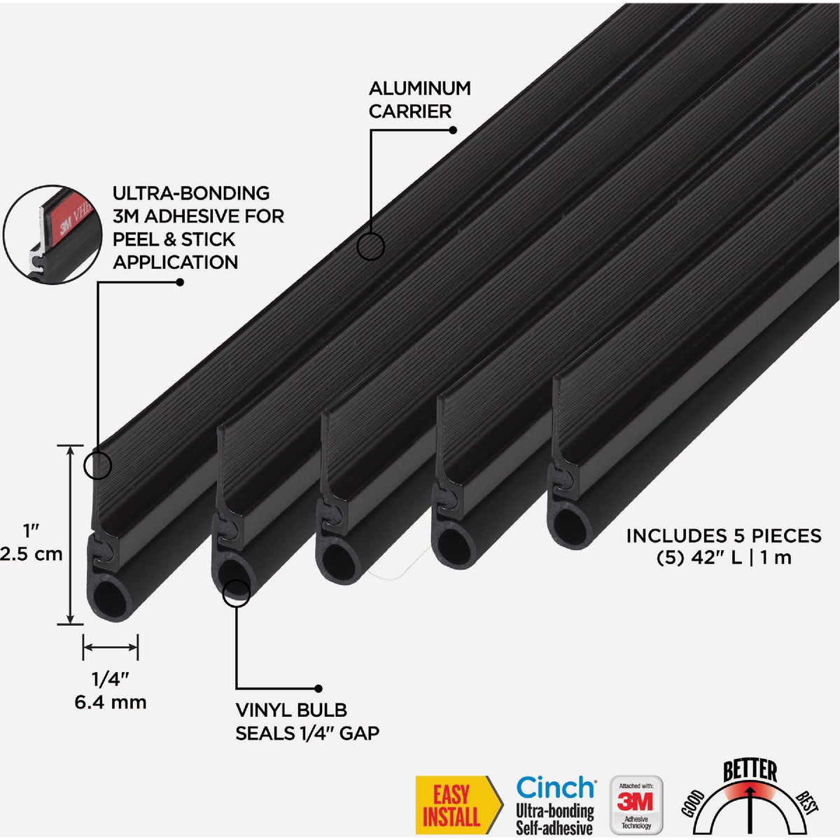 M-D Building Products 42 In. Aluminum and Vinyl CINCH Self-Adhesive Top and Sides Door Seal Kit, Brown Image 2