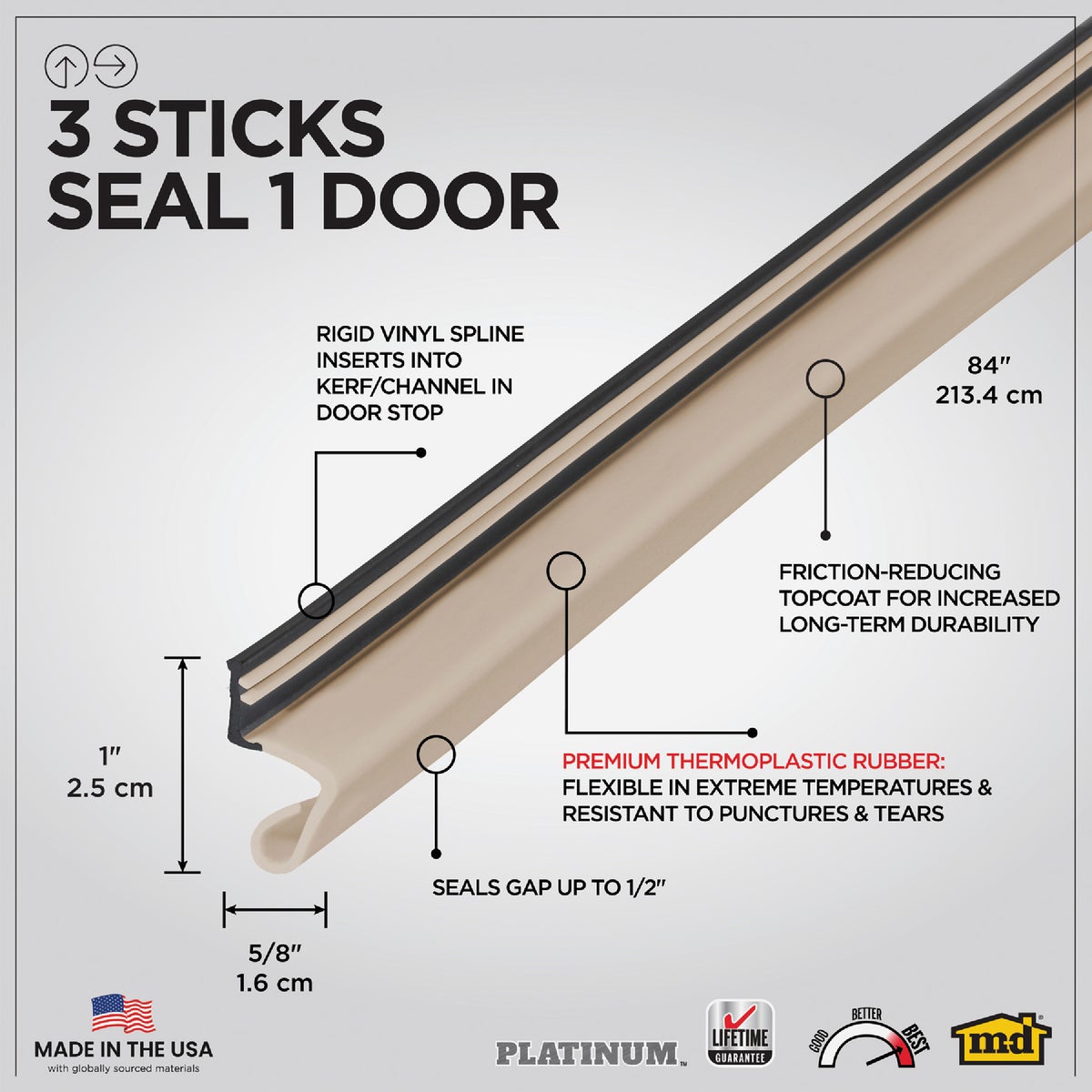 M-D Building Products 84 In. Premium Rubber PLATINUM Top and Sides Door Seal for Doors with Kerf/Channel, Beige Image 2