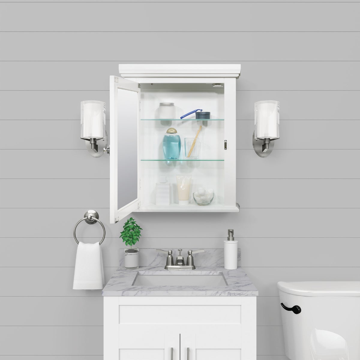 Zenith American White 22.25 In. W x 27.25 In. H x 5.75 In. D Single Mirror Surface Mount Crown Pediment Medicine Cabinet Image 3