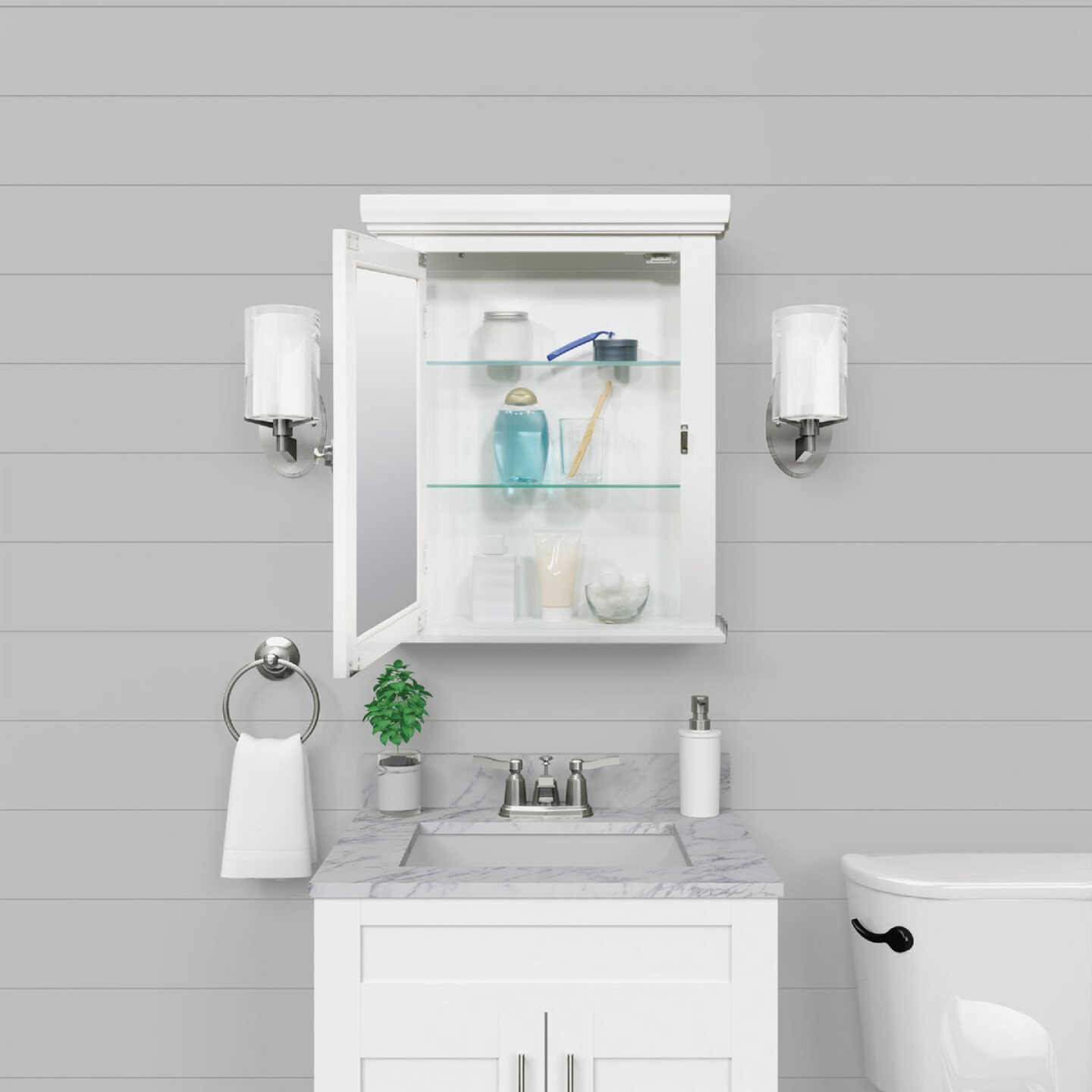 Zenith American White 22.25 In. W x 27.25 In. H x 5.75 In. D Single Mirror Surface Mount Crown Pediment Medicine Cabinet Image 3