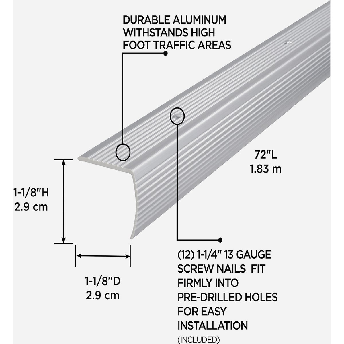 M-D Building Products 1-1/8 In. X 1-1/8 In. X 72 In. Silver Aluminum Stair Edging with Screw Nails Image 2