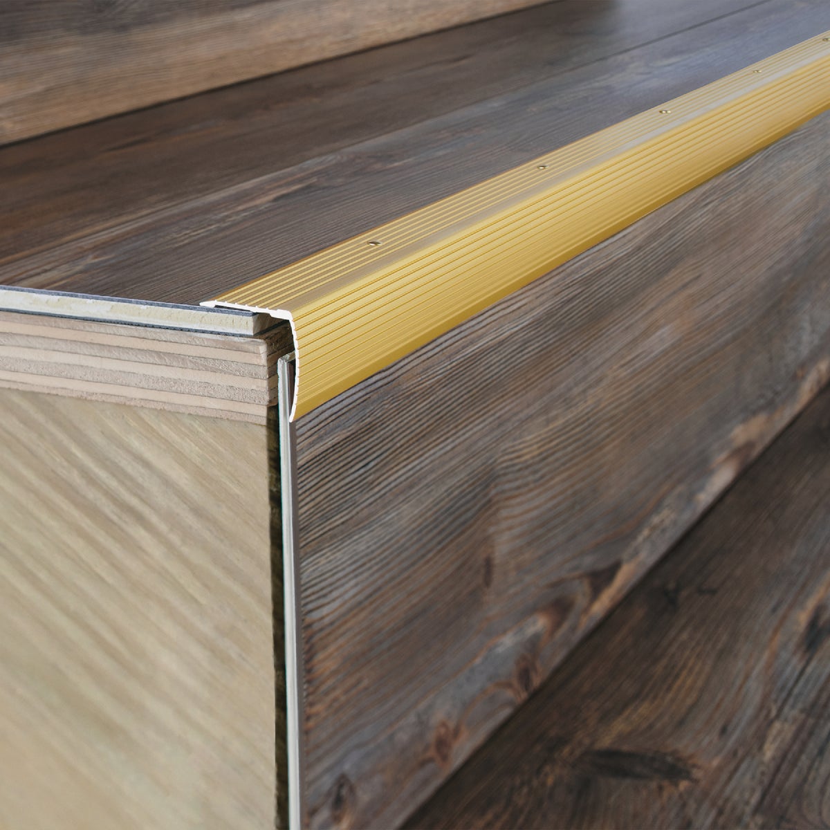 M-D Building Products 1-1/8 In. X 1-1/8 In. X 72 In. Satin Brass Aluminum Stair Edging with Screw Nails Image 3