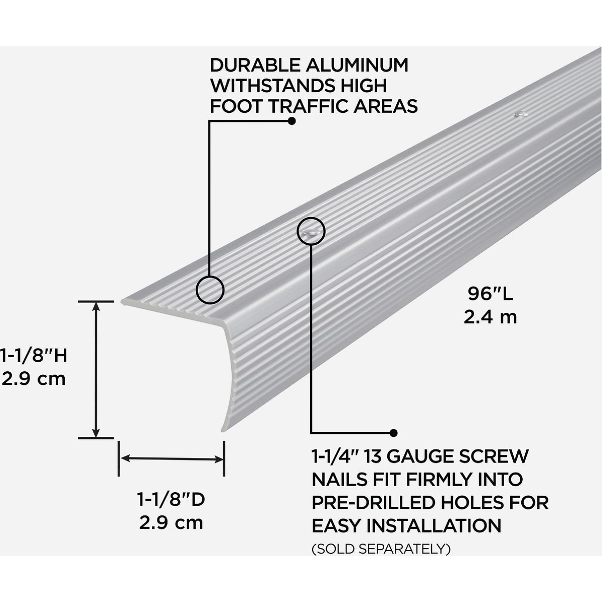 M-D Building Products 1-1/8 In. X 1-1/8 In. X 36 In. Silver Aluminum Stair Edging with Screw Nails Image 2