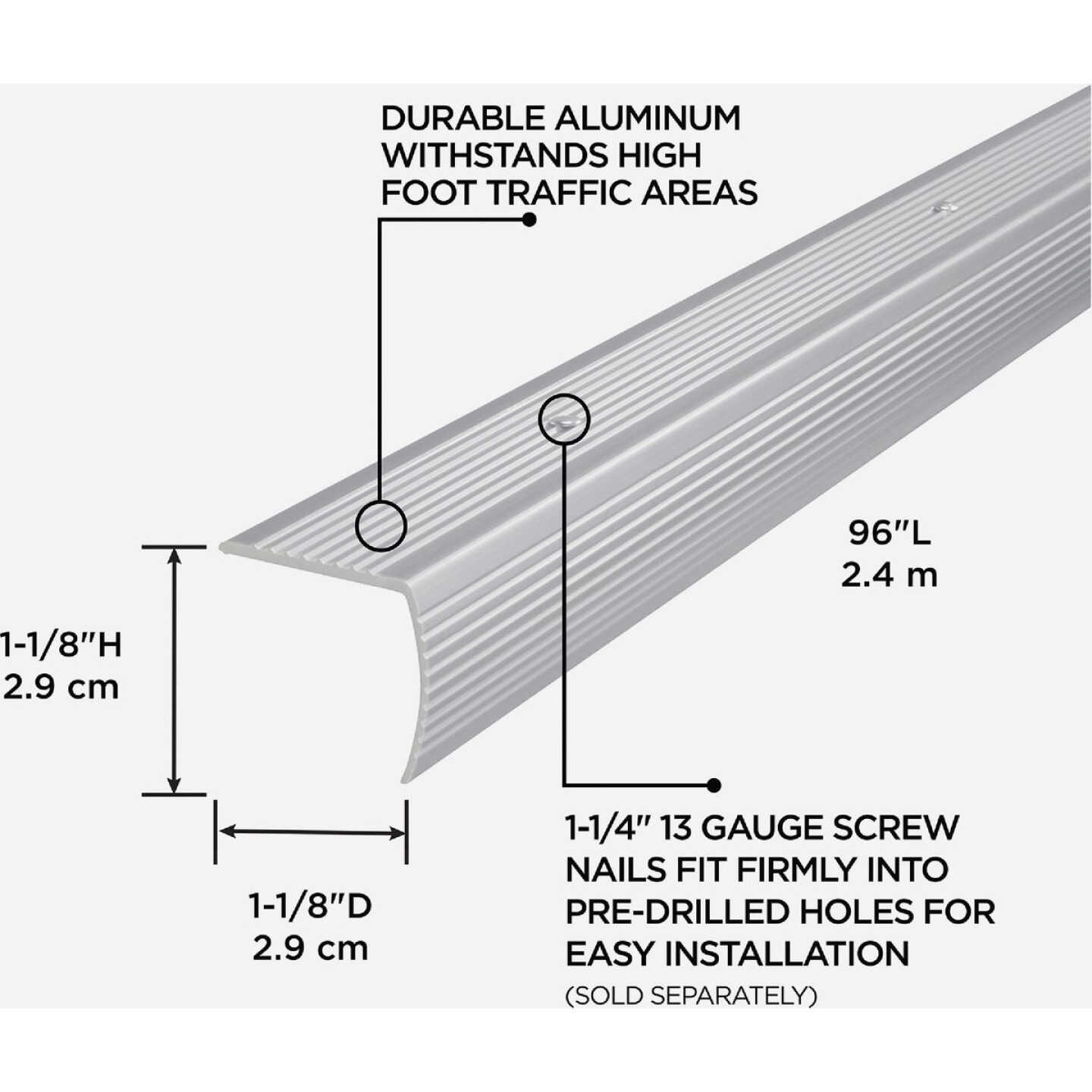 M-D Building Products 1-1/8 In. X 1-1/8 In. X 36 In. Silver Aluminum Stair Edging with Screw Nails Image 2