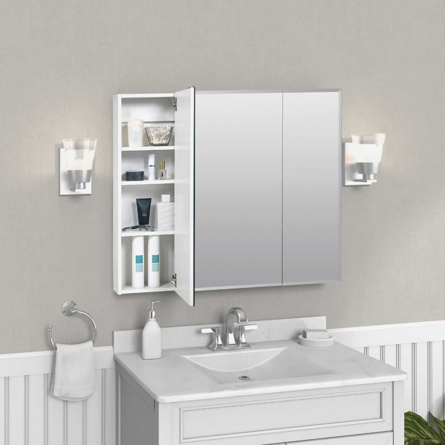 Zenith Frameless Beveled 35-7/8 In. W x 29-7/8 In. H x 4-1/2 In. D Tri-View Surface Mount Medicine Cabinet Image 3