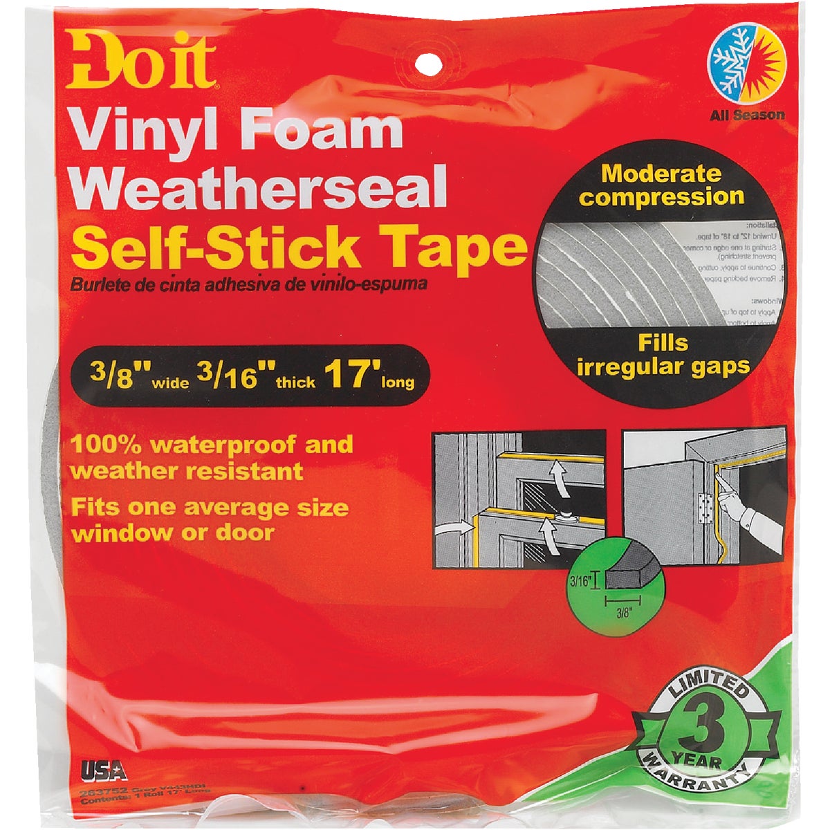 Do it 3/8 In. W x 3/16 In. T x 17 Ft. L Gray Vinyl Foam Weatherstrip Tape Image 2