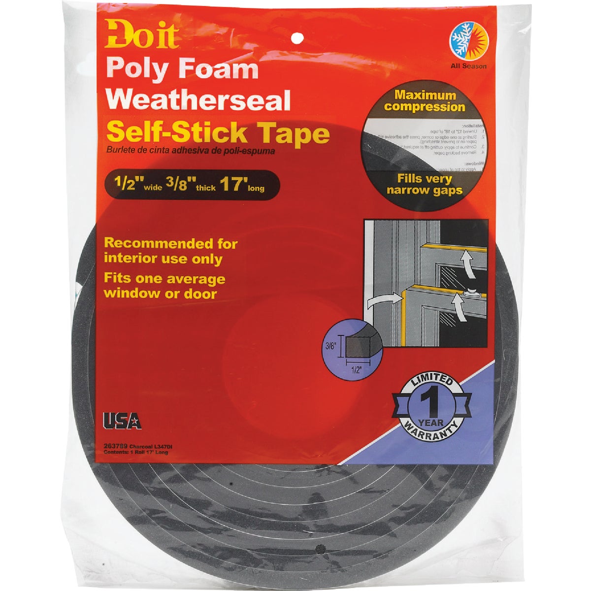 Do it 1/2 In. W x 3/8 In. T. x 17 Ft. L Charcoal Poly Foam Weatherstrip Tape Image 2