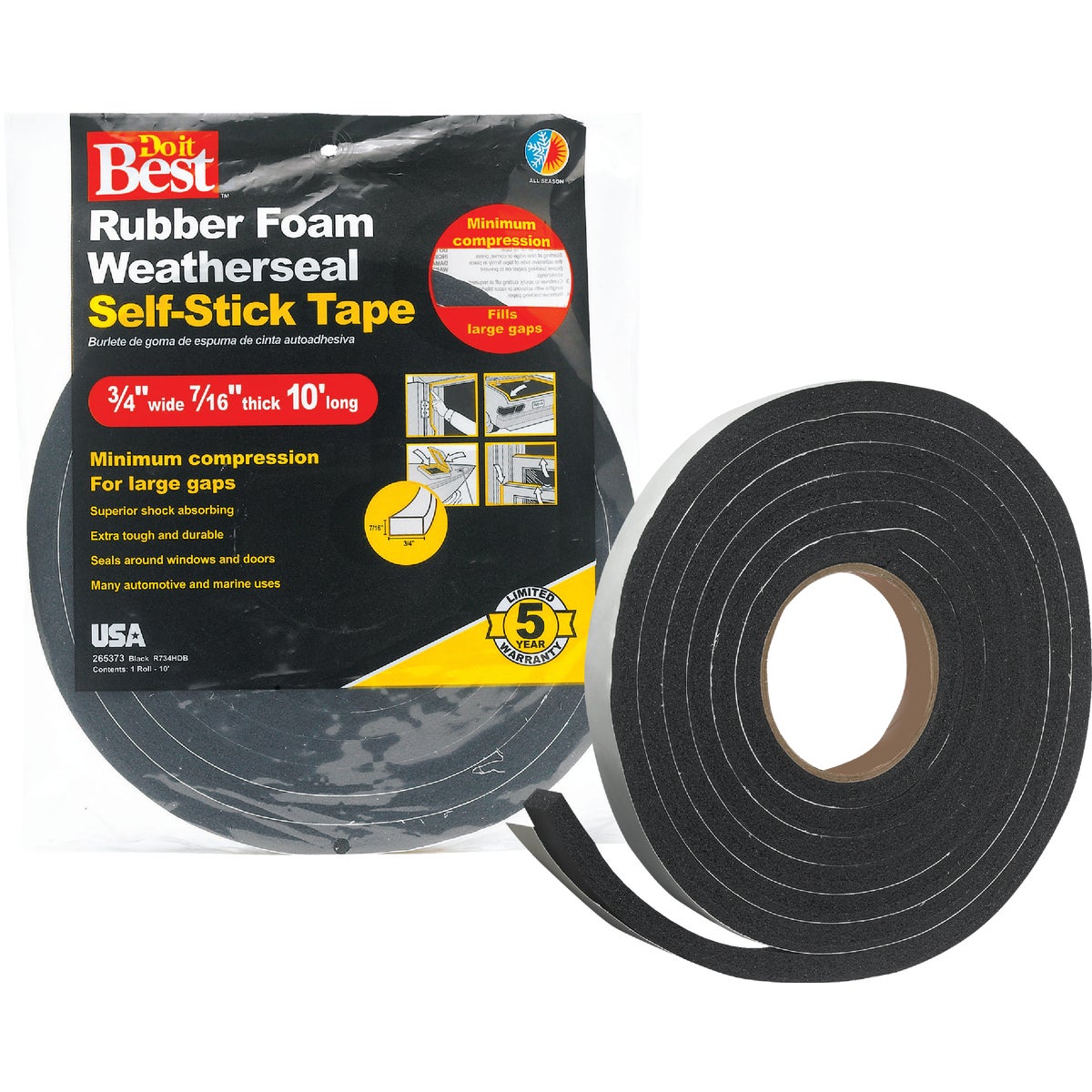 Do it Best 3/4 In. W x 7/16 In. T x 10 Ft. L Black Rubber Foam Weatherstrip Tape