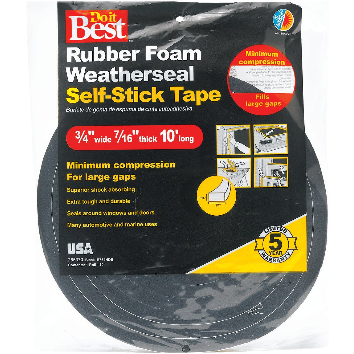 Do it Best 3/4 In. W x 7/16 In. T x 10 Ft. L Black Rubber Foam Weatherstrip Tape Image 2
