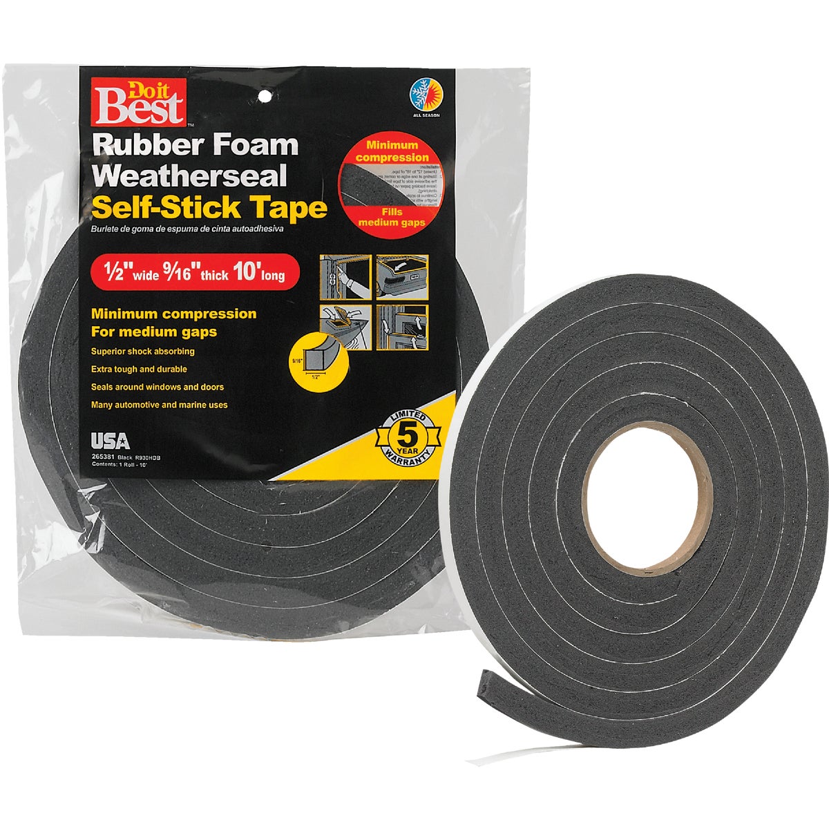 Do it Best 1/2 In. W x 9/16 In. T x 10 Ft. L Black Rubber Foam Weatherstrip Tape