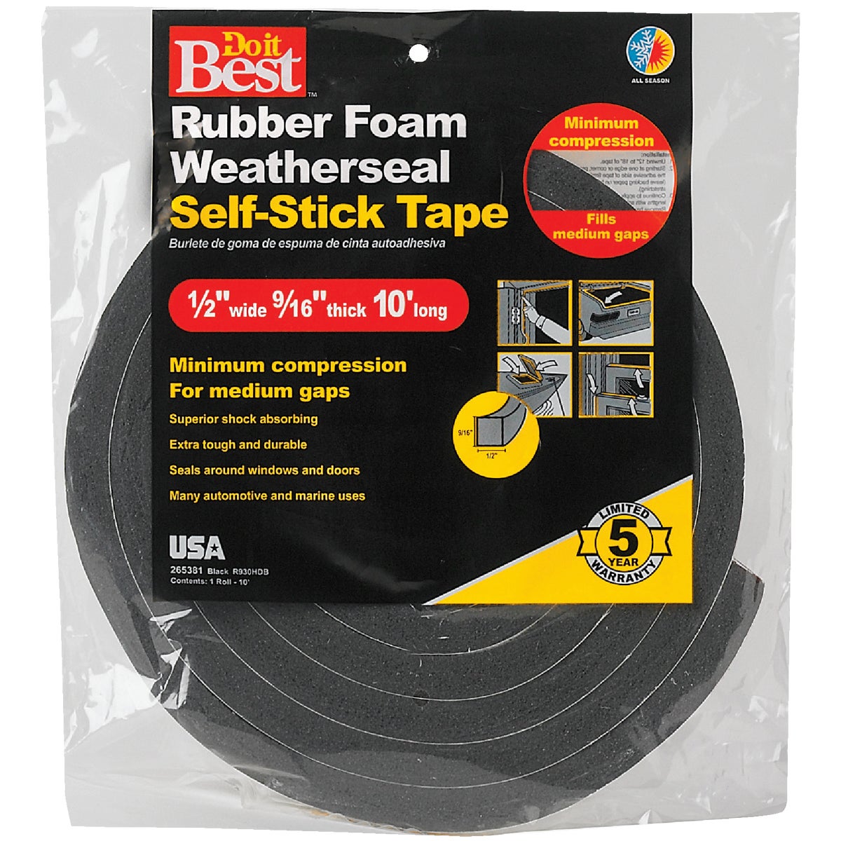 Do it Best 1/2 In. W x 9/16 In. T x 10 Ft. L Black Rubber Foam Weatherstrip Tape Image 2