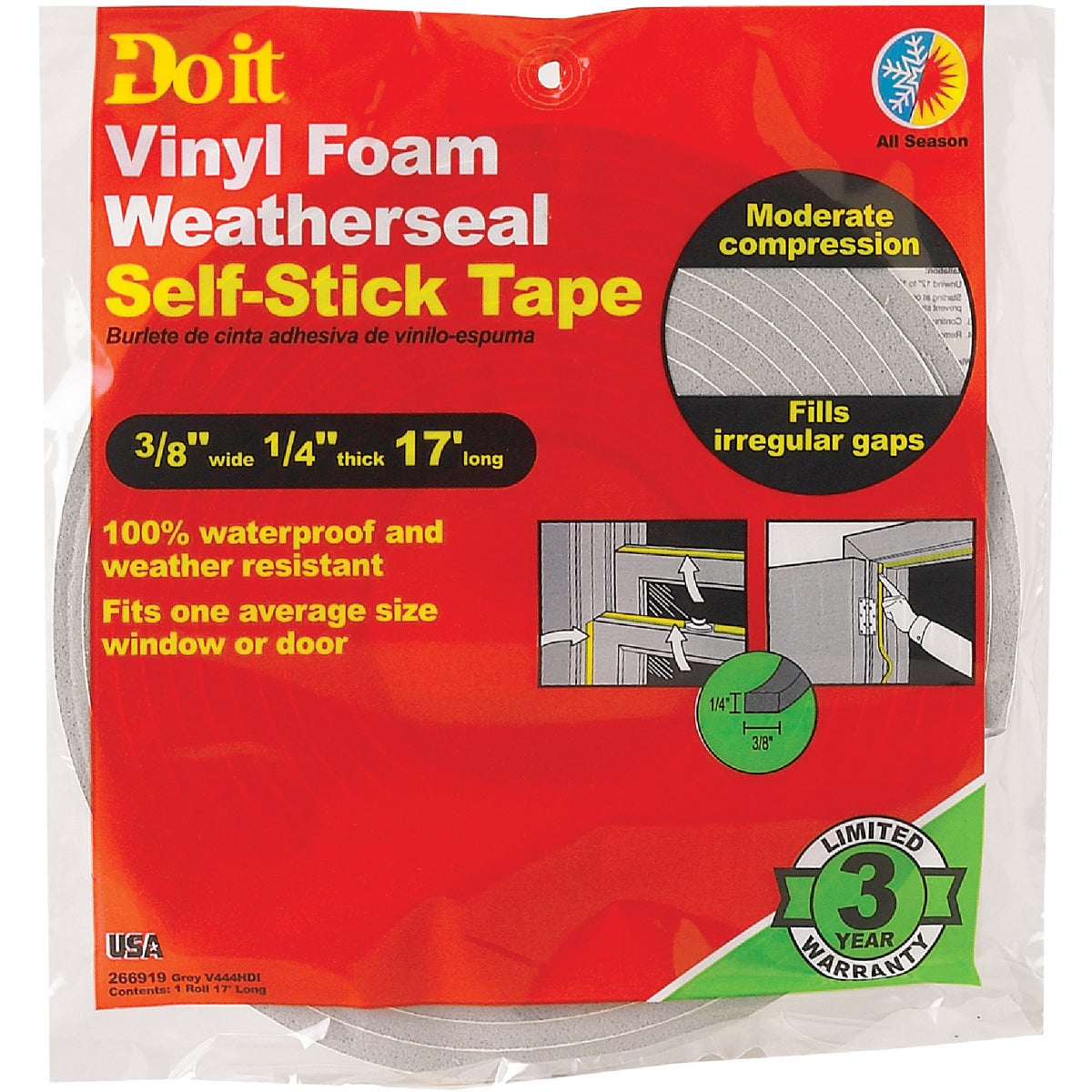 Do it 3/8 In. W x 1/8 In. T x 17 Ft. L Gray Vinyl Foam Weatherstrip Tape Image 2