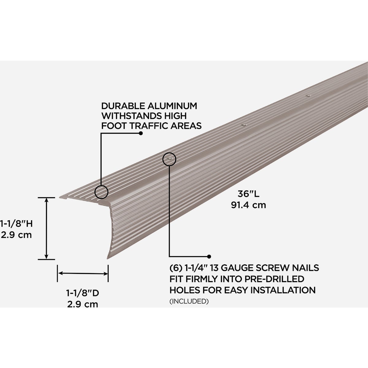 M-D Building Products 1-1/8 In. X 1-1/8 In. X 36 In. Pewter Aluminum Stair Edging with Screw Nails Image 2