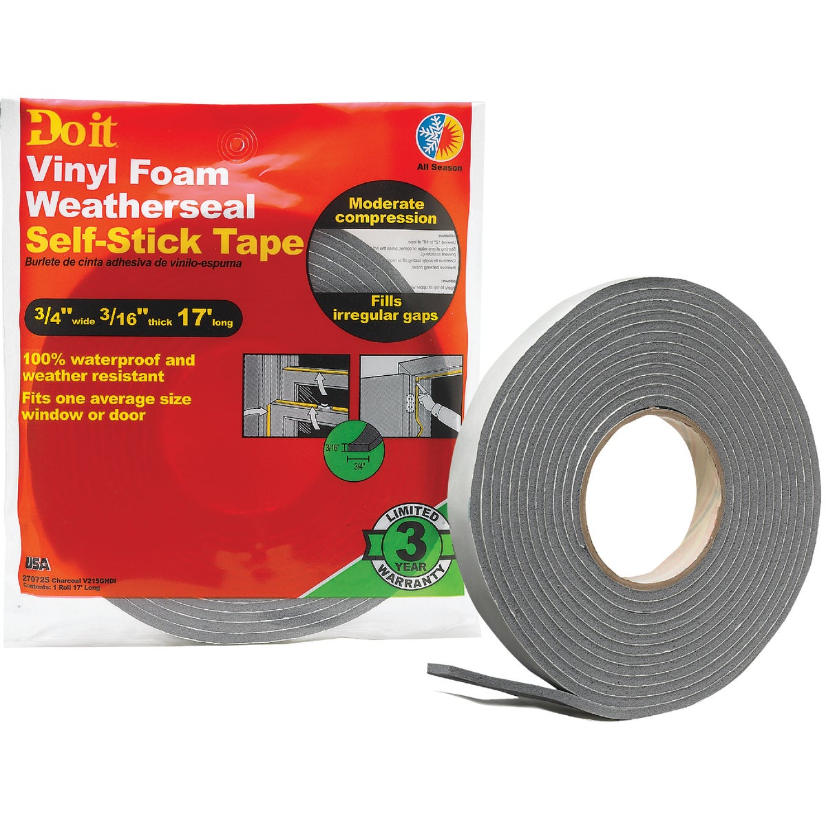 Do it 3/4 In. W x 3/16 In. T x 17 Ft. L Charcoal Vinyl Foam Weatherstrip Tape