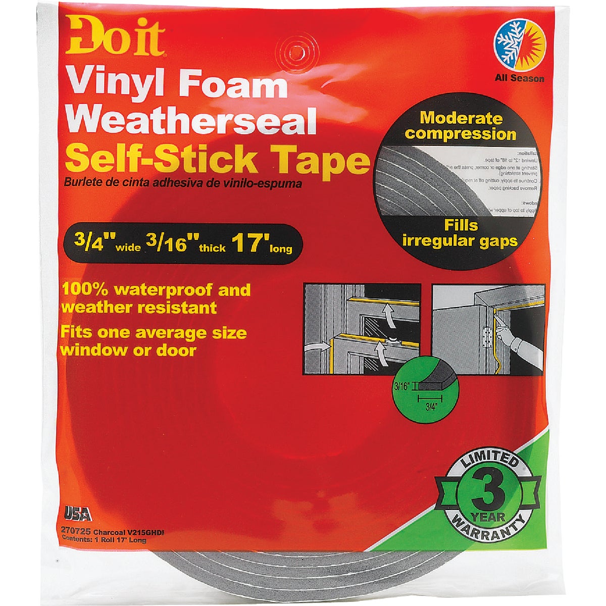 Do it 3/4 In. W x 3/16 In. T x 17 Ft. L Charcoal Vinyl Foam Weatherstrip Tape Image 2