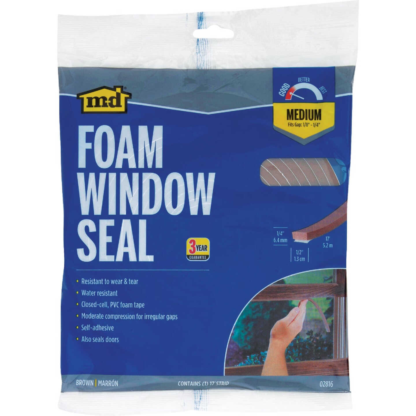 M-D Building Products 1/2 In. W x 1/4 In. H x 17 Ft. L Brown Foam Window Seal for Medium Gaps Image 4