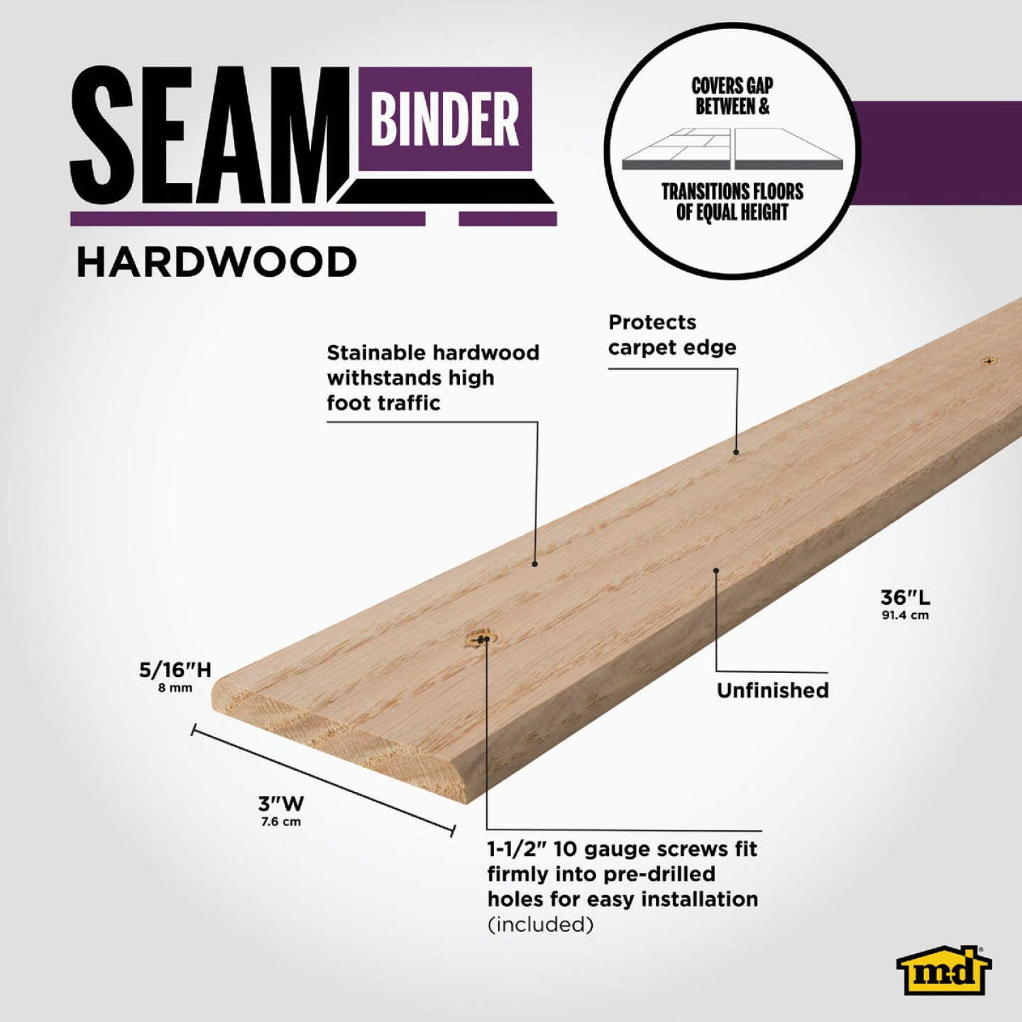 M-D Building Products 3 In. x 36 In. Unfinished Hardwood Seam Binder with Screws Image 2