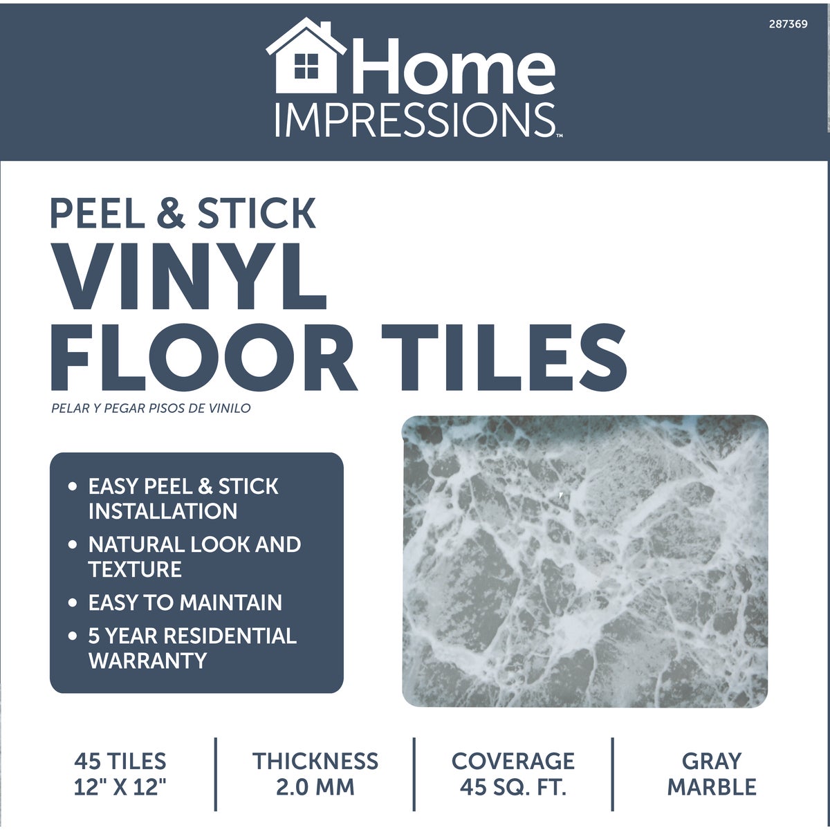 Home Impressions Gray Marble 12 In. x 12 In. Vinyl Floor Tile (45 Sq. Ft./Box) Image 2