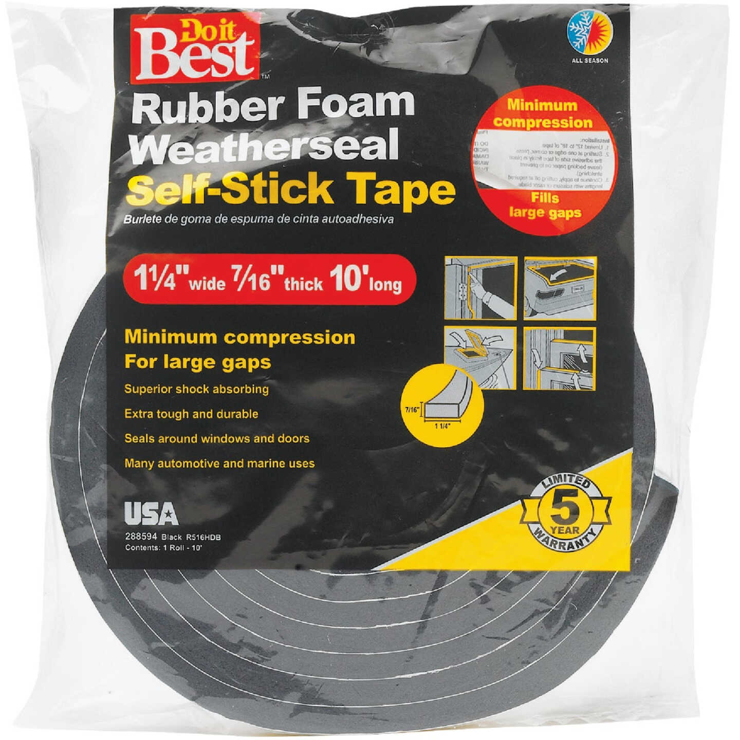 Do it Best 1-1/4 In. W x 7/16 In. T x 10 Ft. L Black Rubber Foam Weatherstrip Tape Image 2