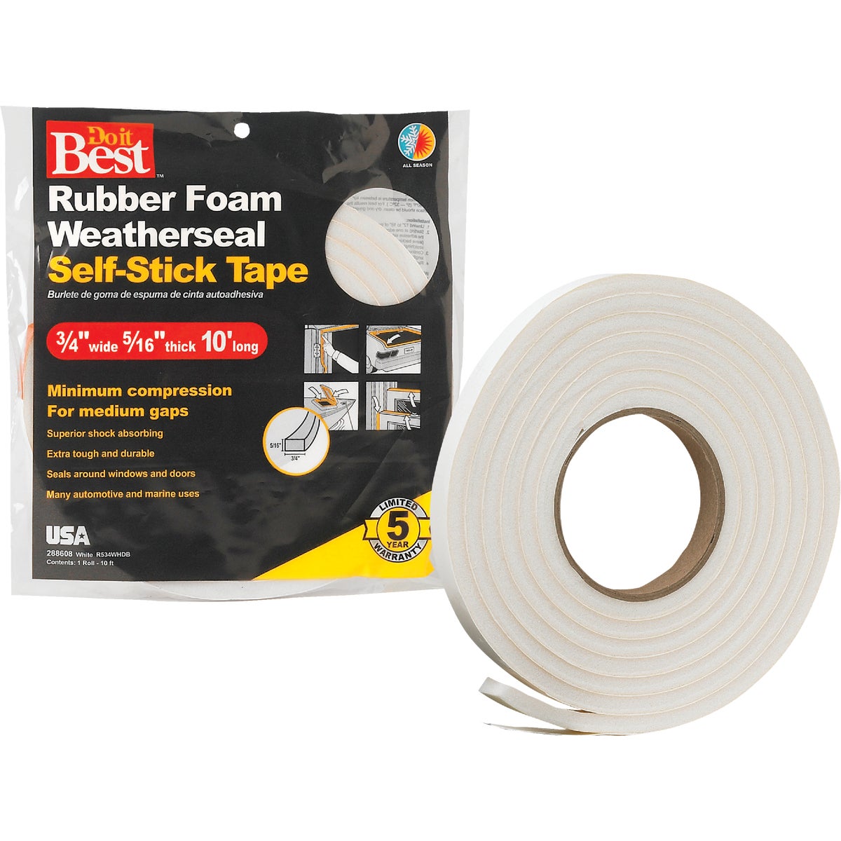 Do it Best 3/4 In. W x 5/16 In. T x 10 Ft. L White Rubber Foam Weatherstrip Tape