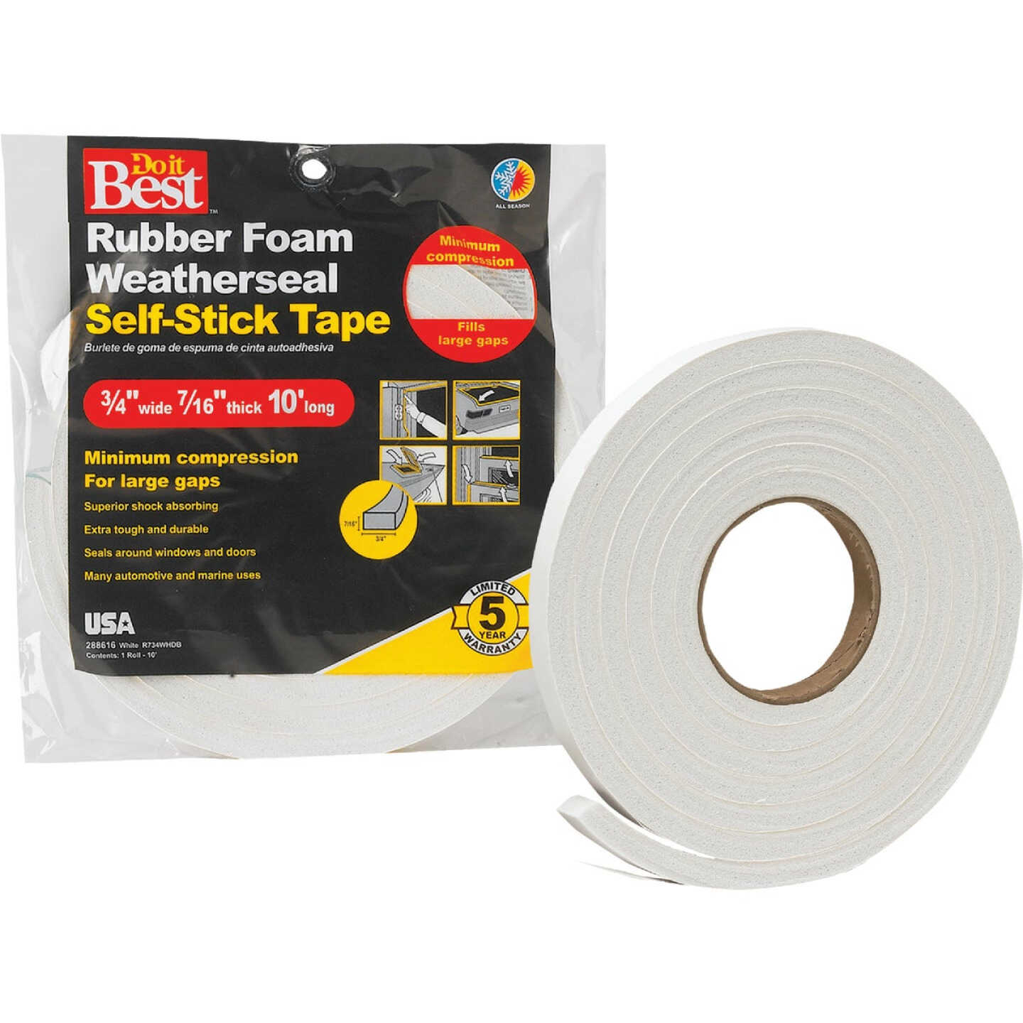 Do it Best 3/4 In. W x 7/16 In. T x 10 Ft. L White Rubber Foam Weatherstrip Tape Image 1