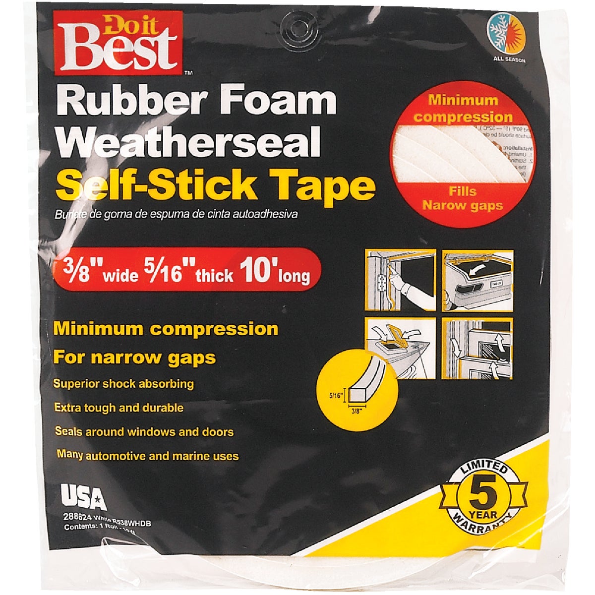 Do it Best 3/8 In. W x 5/16 In. T x 10 Ft. L White Rubber Foam Weatherstrip Tape Image 2