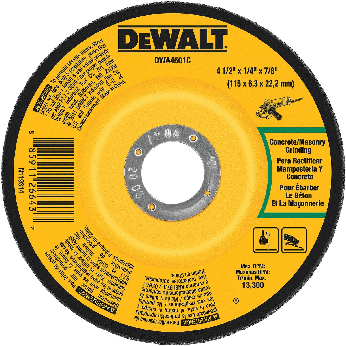 DEWALT HP Type 27 4-1/2 In. x 1/4 In. x 7/8 In. Masonry Cut-Off Wheel Image 1