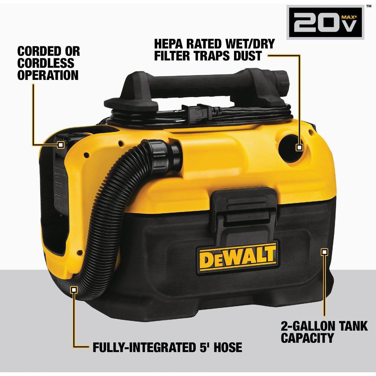 DEWALT 20V MAX 2 Gal. 1.85-Peak HP Corded/Cordless Wet/Dry Vacuum (Tool Only) Image 2