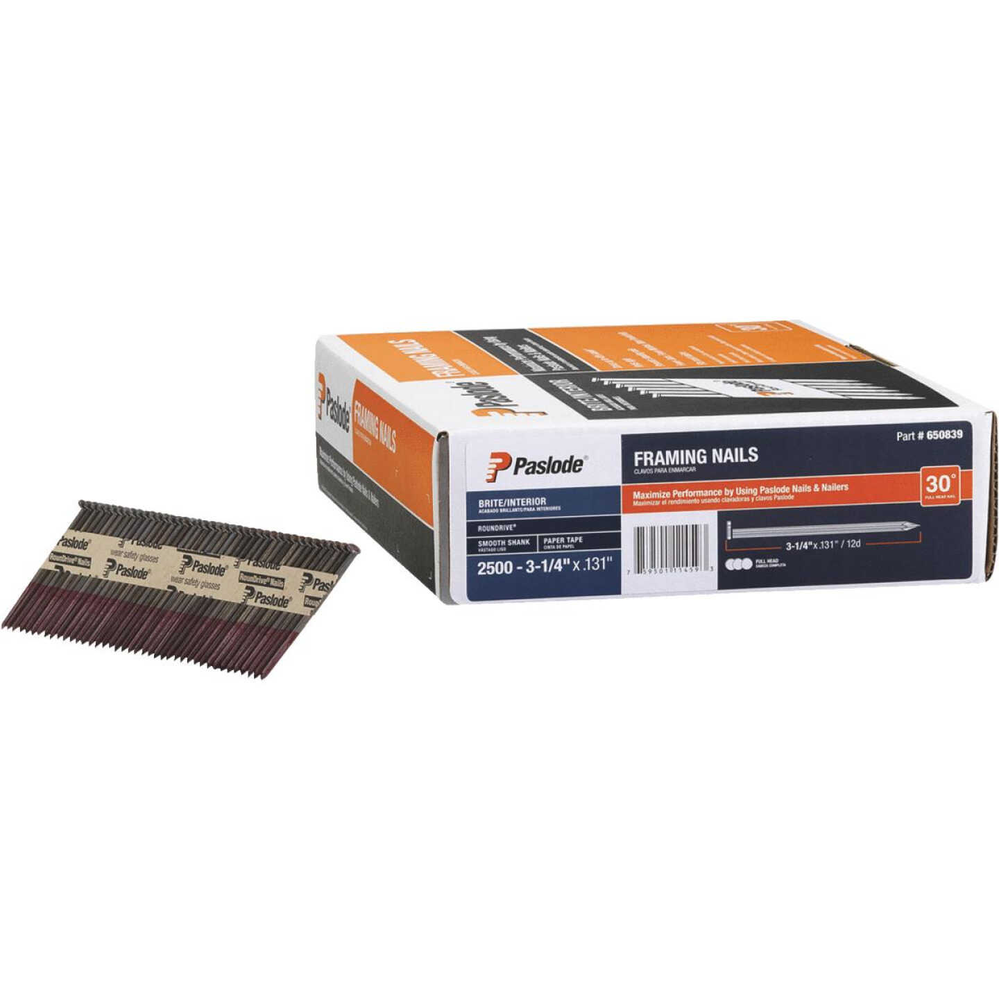 Paslode RounDrive 30 Degree Paper Tape Bright Offset Round Head Framing Stick Nail, 3-1/4 In. x .131 Image 1
