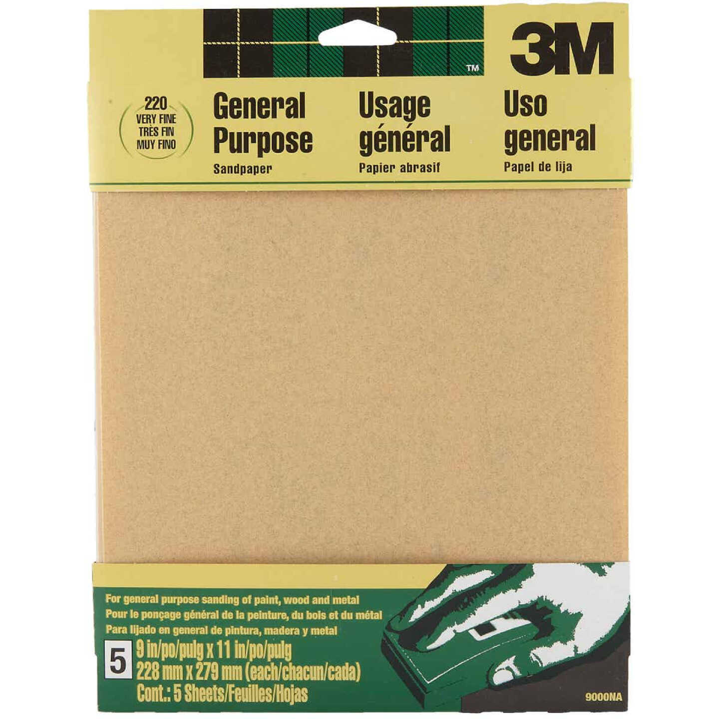 3M 9 In. x 11 In. General Purpose Very Fine Sandpaper, 220 Grit (5-Pack) Image 1