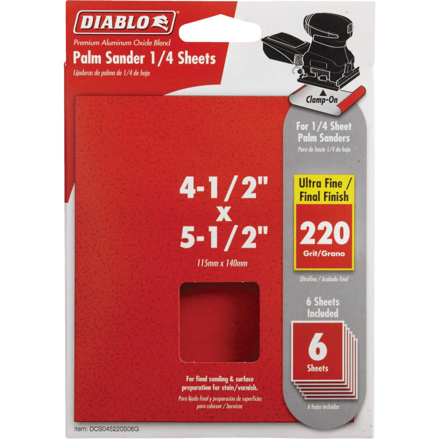 Diablo Clamp-On 220 Grit 4-1/2 In. x 5-1/2 In. 1/4 Sheet Power Sanding Sheet (6-Pack) Image 1