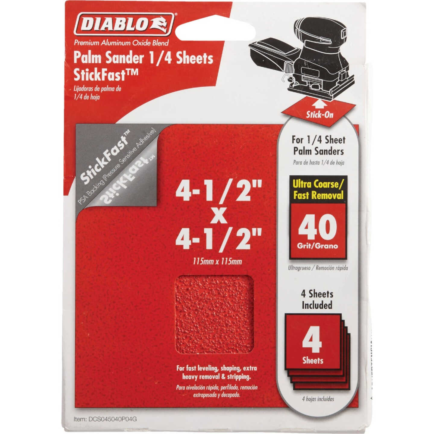 Diablo StickFast 40 Grit 4-1/2 In. x 4-1/2 In. 1/4 Sheet Palm Sander Power Sanding Sheet (4-Pack) Image 1