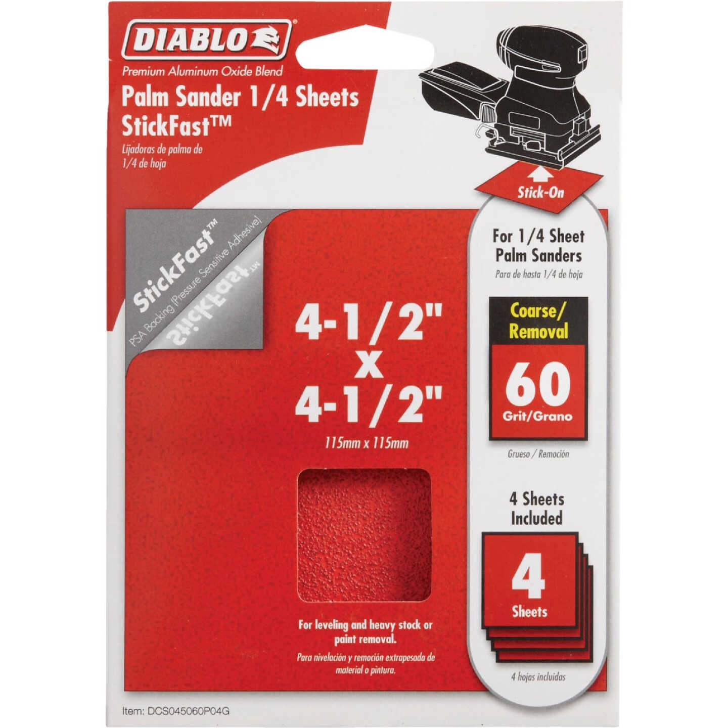 Diablo StickFast 60 Grit 4-1/2 In. x 4-1/2 In. 1/4 Sheet Palm Sander Power Sanding Sheet (4-Pack) Image 1