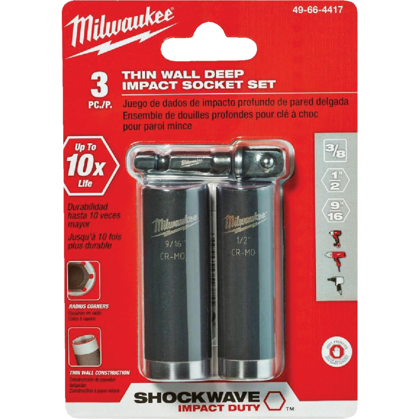 Milwaukee SHOCKWAVE Standard 3/8 In. Adapter, 1/2 In. & 9/16 In. Drive 6-Point Thin Wall Deep Impact Driver Set (3-Piece) Image 1