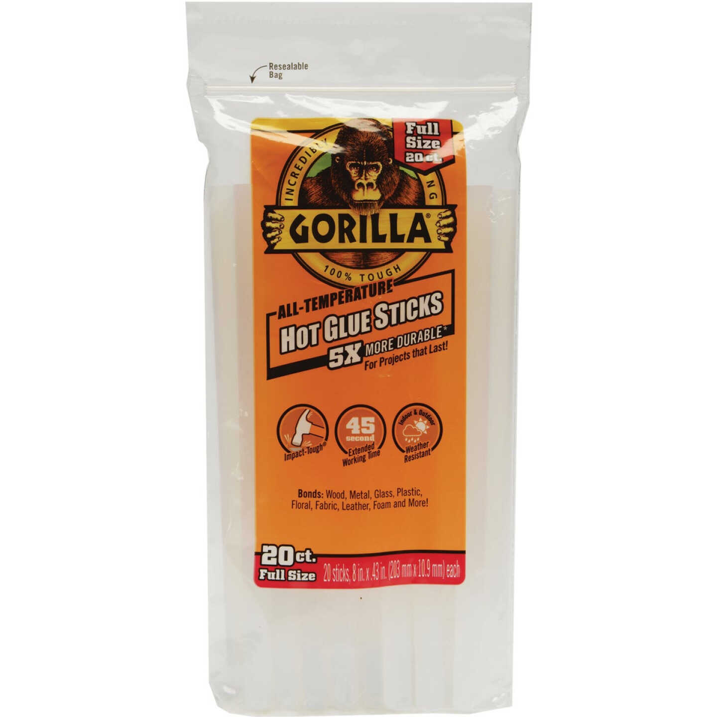 Gorilla 8 In. Standard Clear Hot Melt Glue (20-Pack) Image 1
