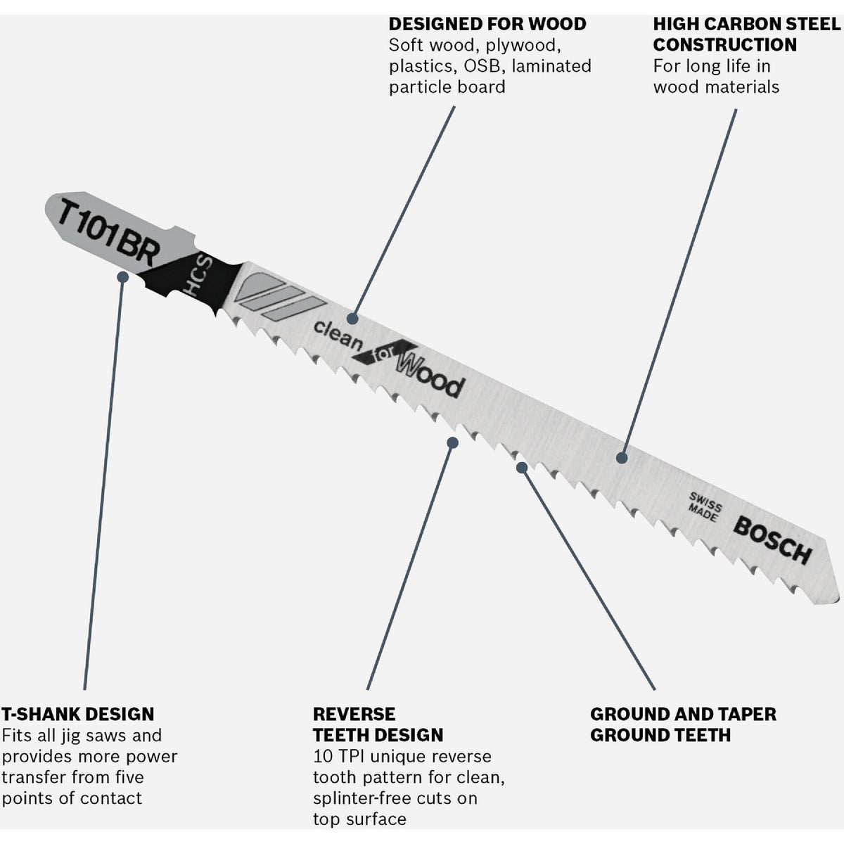 Bosch T-Shank 4 In. x 10 TPI High Carbon Steel Reverse Pitch Jig Saw Blade, Clean for Wood (5-Pack) Image 2