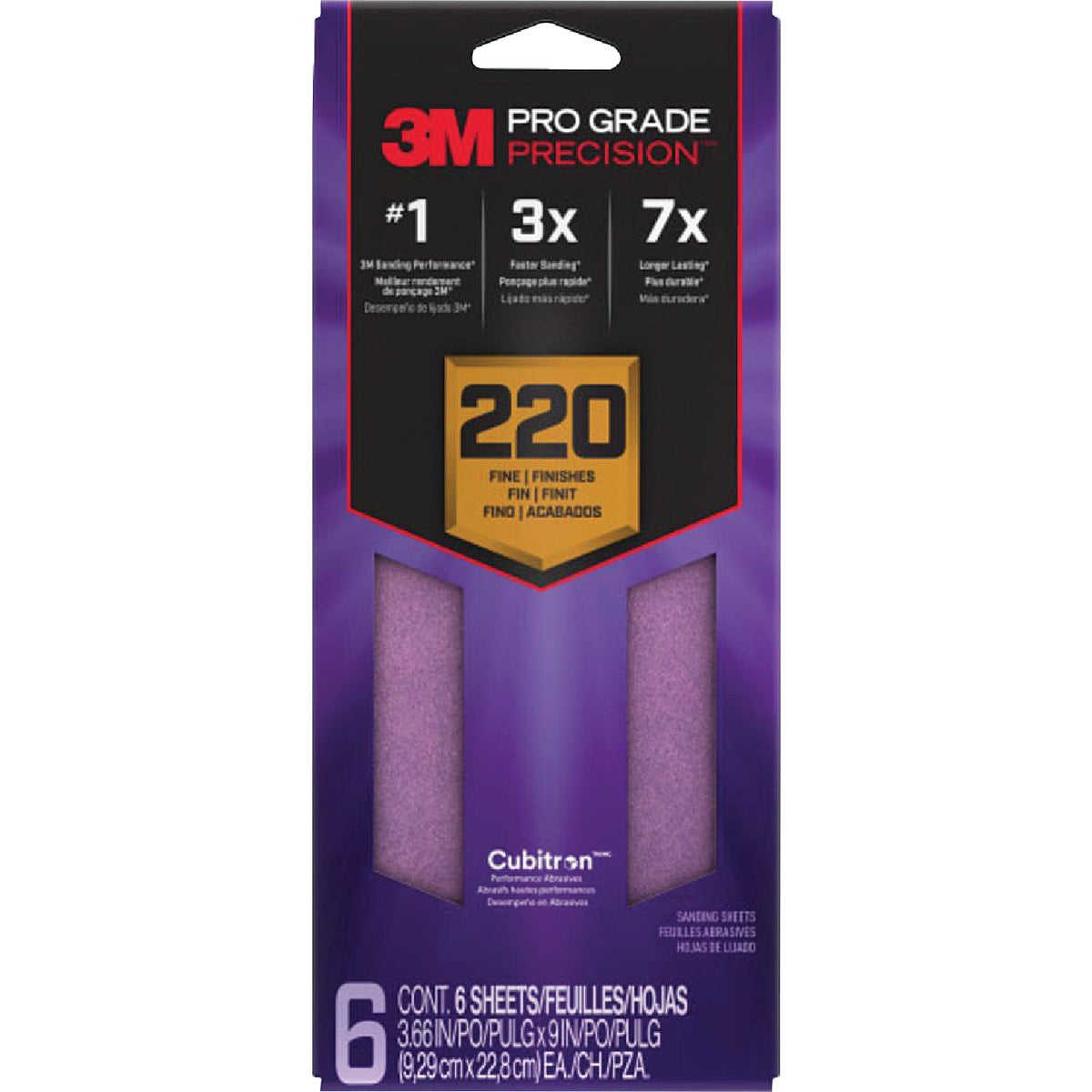3M Pro Grade Precision 3-2/3 In. x 9 In. 220 Grit 1/3 Sheet Sandpaper with No-Slip Grip Backing (6-Pack) Image 1