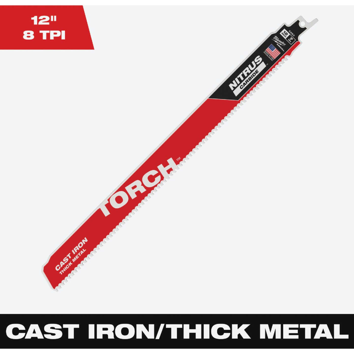 Milwaukee TORCH 12 In. 8 TPI NITRUS CARBIDE Teeth Metal Cutting Reciprocating Saw Blade Image 1