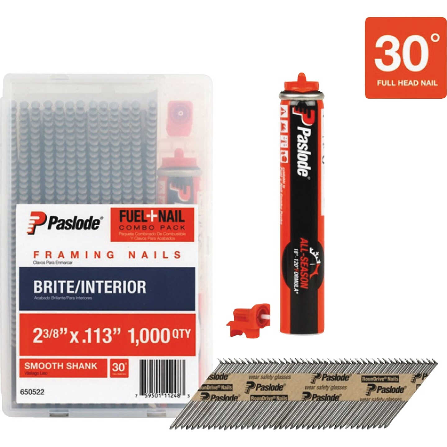 Paslode 2-3/8 In. x 0.113 In. 30 Degree Paper Tape Brite Smooth Shank RounDrive Framing Nails with (1) Framing Fuel Cell (1000 Ct.) Image 1