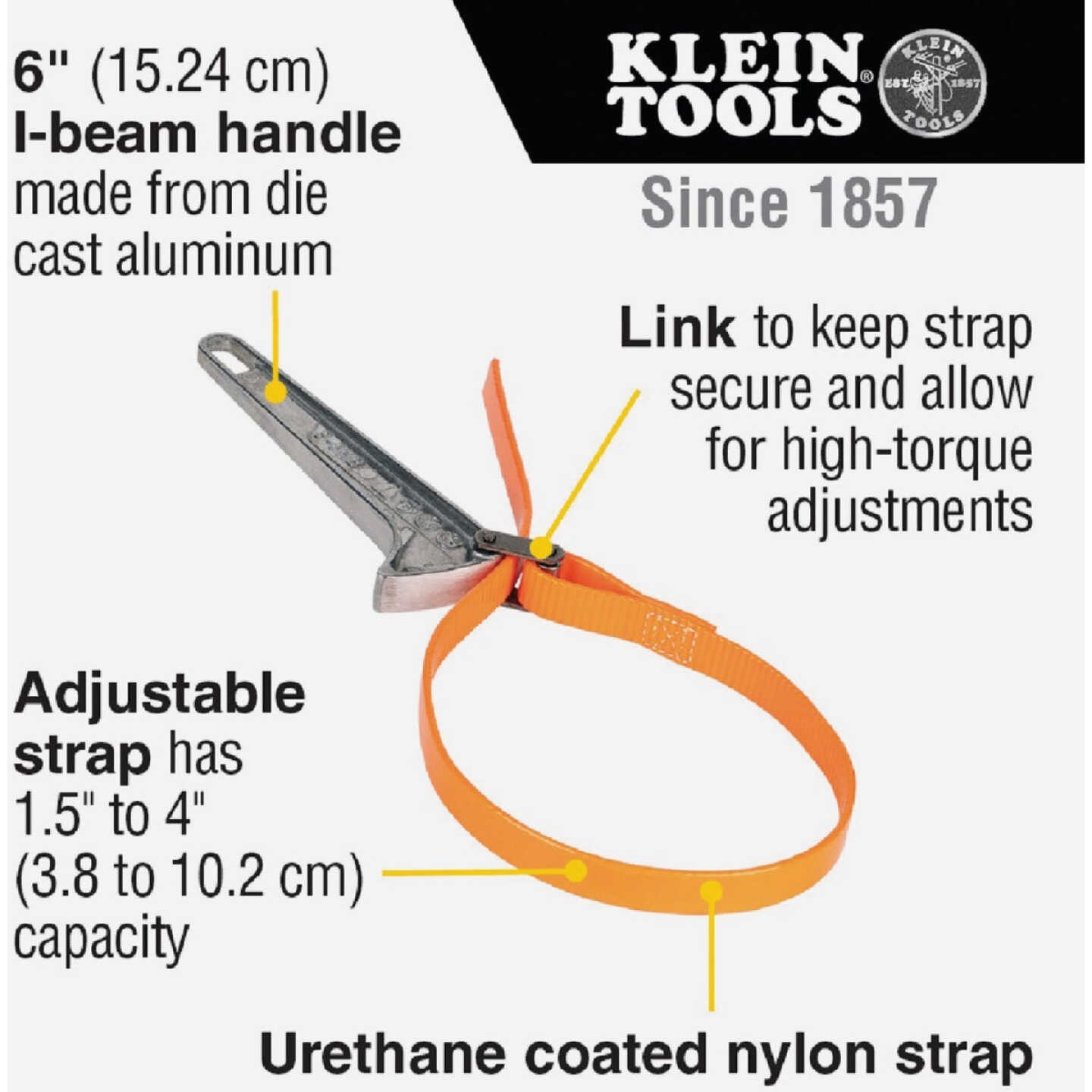 Klein Grip-It 1-1/2 In. to 4 In. Strap Wrench with 6 In. Handle Image 2