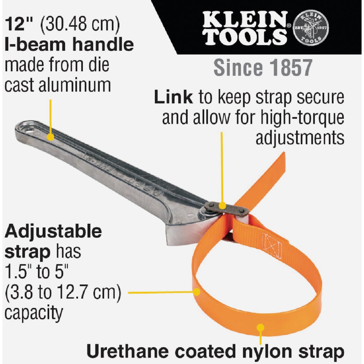 Klein Grip-It 1-1/2 In. to 5 In. Strap Wrench with 12 In. Handle Image 4