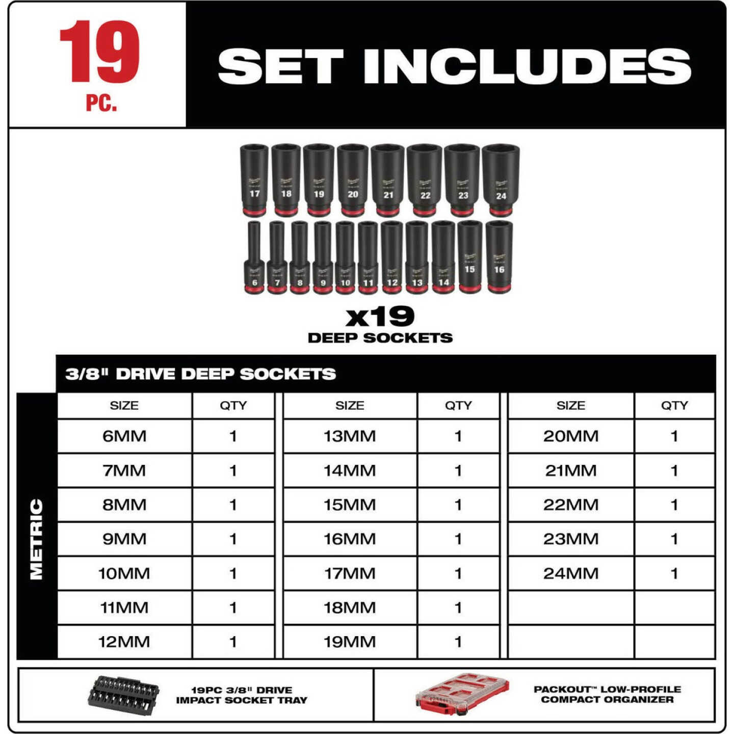 Milwaukee SHOCKWAVE Metric 3/8 In. Drive 6-Point Deep Impact Driver Set with PACKOUT Organizer (19-Piece) Image 4