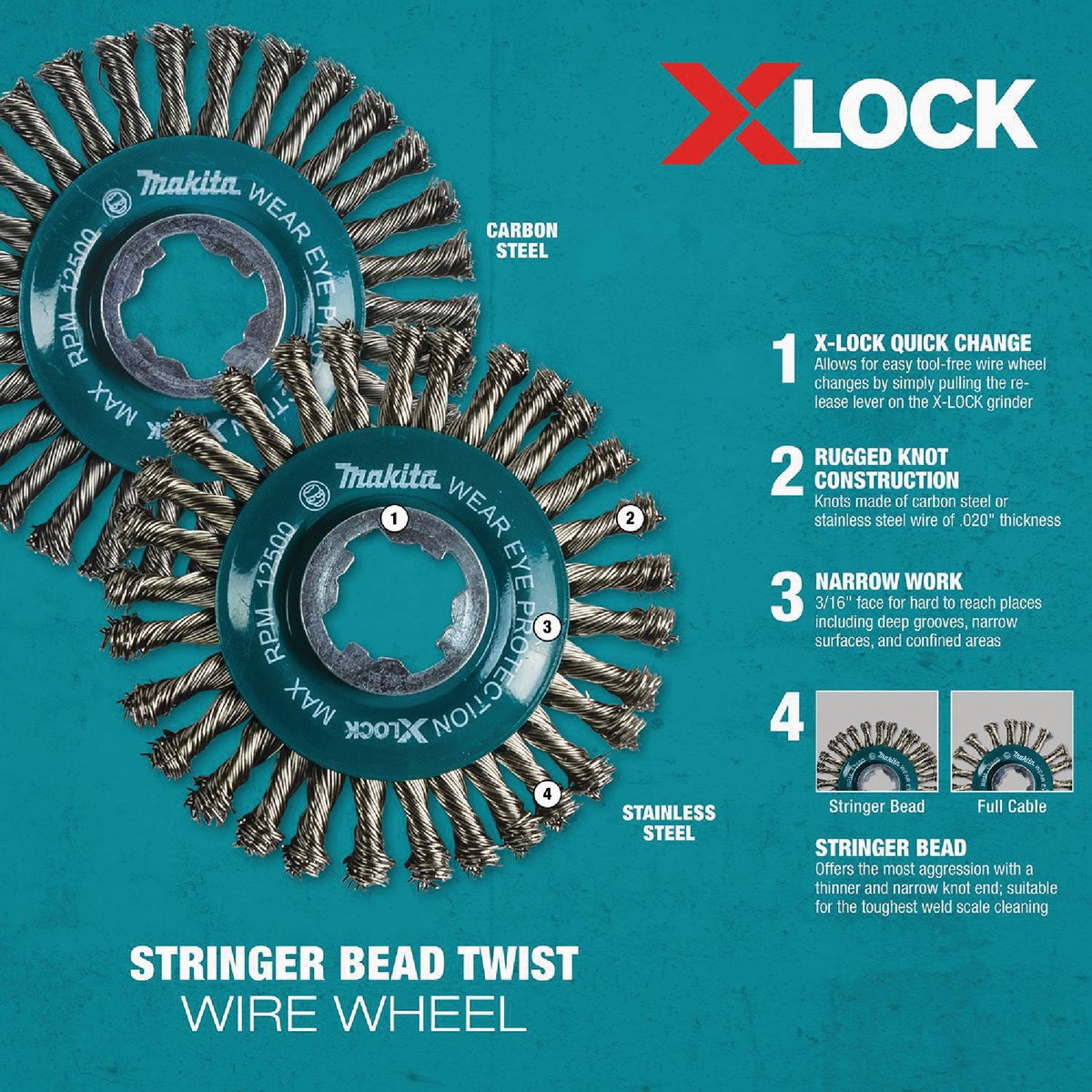 Makita X-LOCK 4-1/2 In. Stringer Bead Twist Stainless Steel Angle Grinder Wire Wheel Image 4