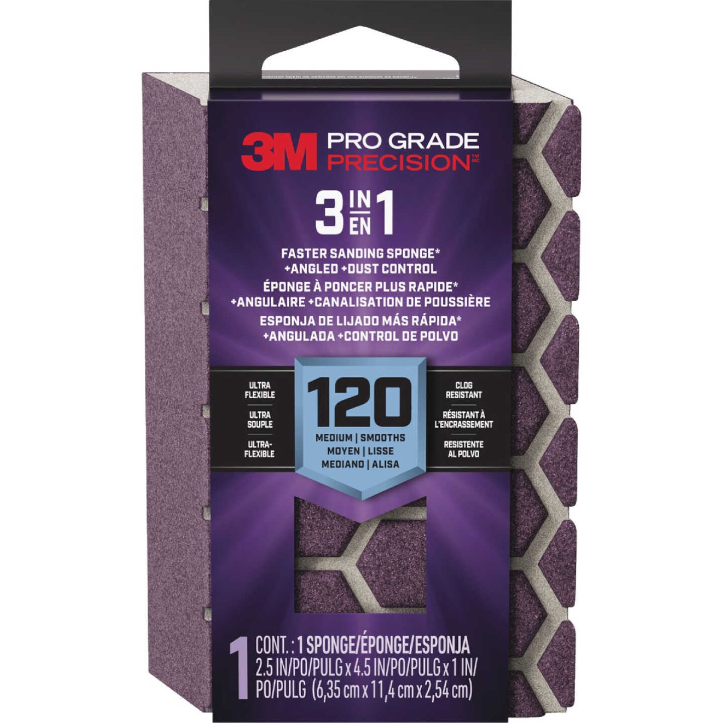 3M Pro Grade Precision 2.5 In. x 4.5 In. x 1 In. 120 Grit Medium 3-in-1 Sanding Sponge Image 1